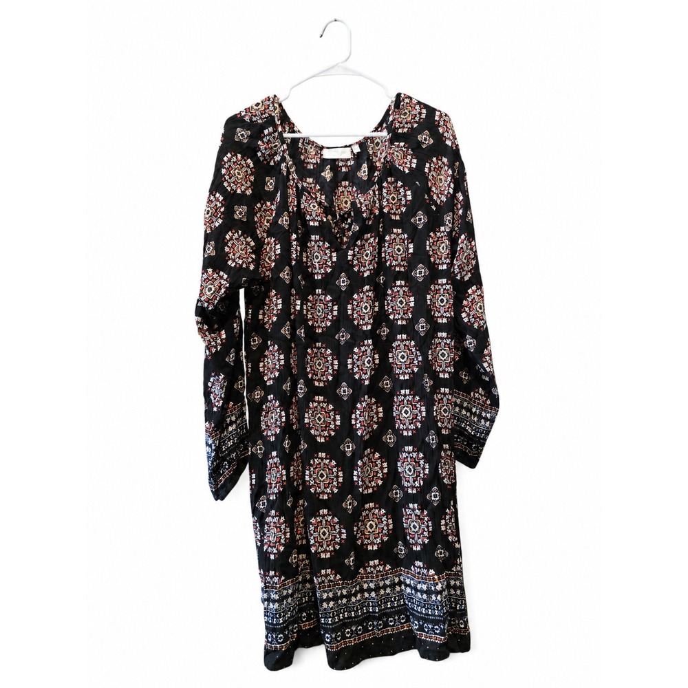 Boho Floral Tunic Dress XL Black Red White RD Style Rayon Peasant Long Sleeve